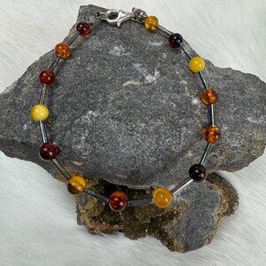 Sterling Silver & Amber Bead Bracelet 7.5"